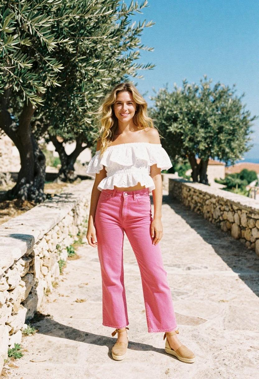 Fuchsia wide-leg low rise jeans with an off-shoulder top on a Mediterranean coastal path, Y2K spring coastal style