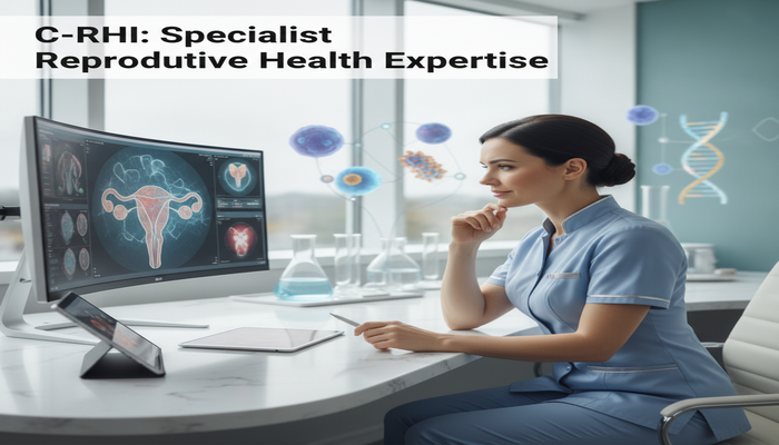 C-RHI: Specialist Reproductive Health Expertise A focused female reproductive health specialist reviewing complex patient data on a tablet in a modern, high-tech clinic, symbolizing advanced knowledge and credibility for the NCC C-RHI certification.