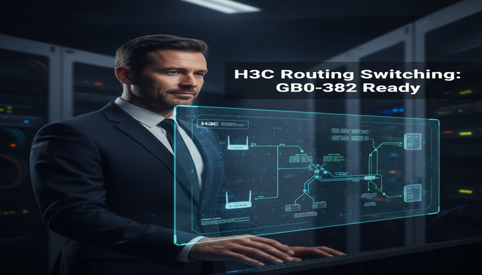 H3C Routing Switching: GB0-382 Ready A confident network engineer stands before a complex holographic H3C routing and switching network topology, signifying readiness for the GB0-382 exam.