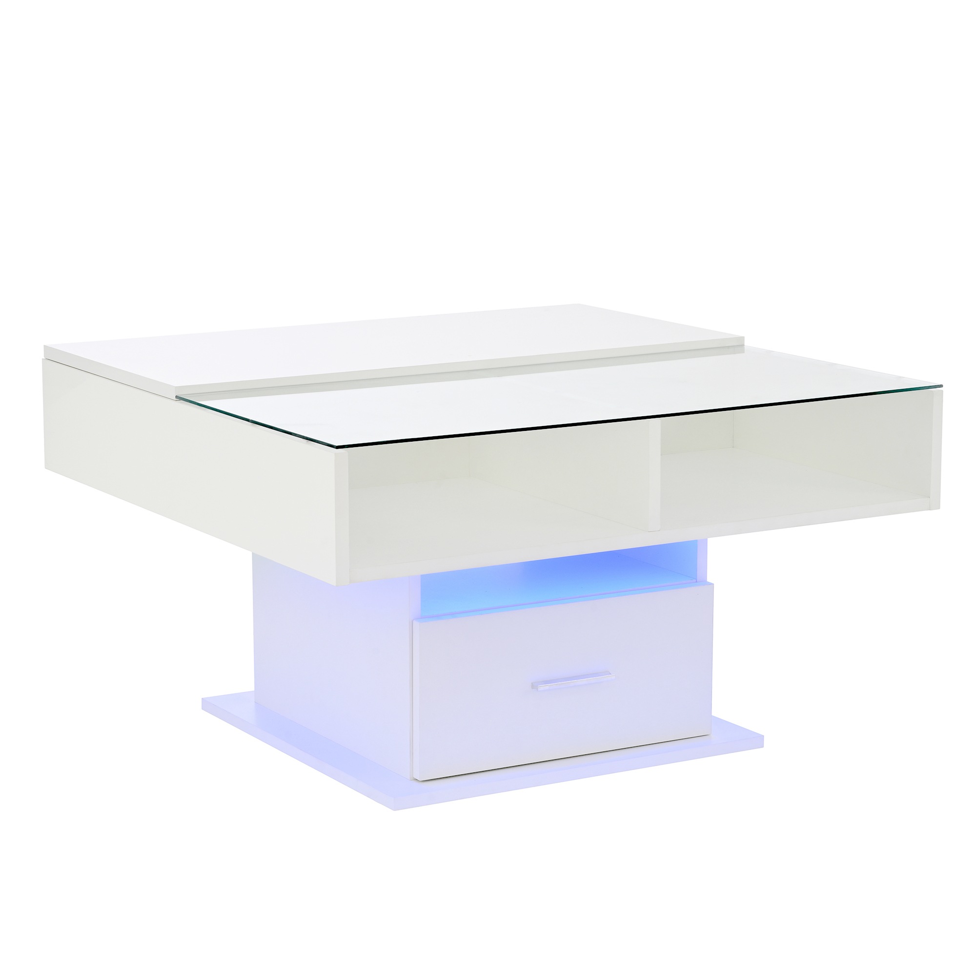Table Basse Blanc, Rangement, Éclairage LED, Gestion des Câbles, Portes Vitrées, Étagères Réglables - 78x78x45cm - Salon 3