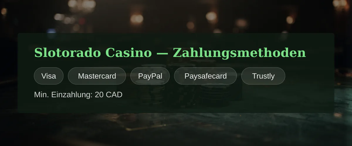 Slotorado Casino — Zahlungsmethoden: Visa, Mastercard, PayPal, Paysafecard, Trustly