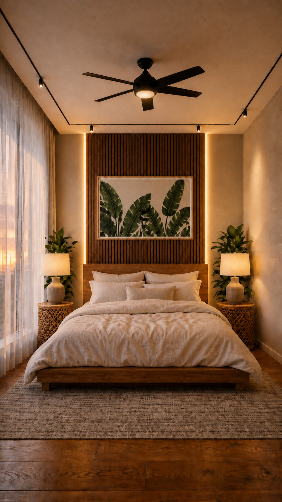 Dormitorio tropical boho con madera natural, ratán y hoja de plátano