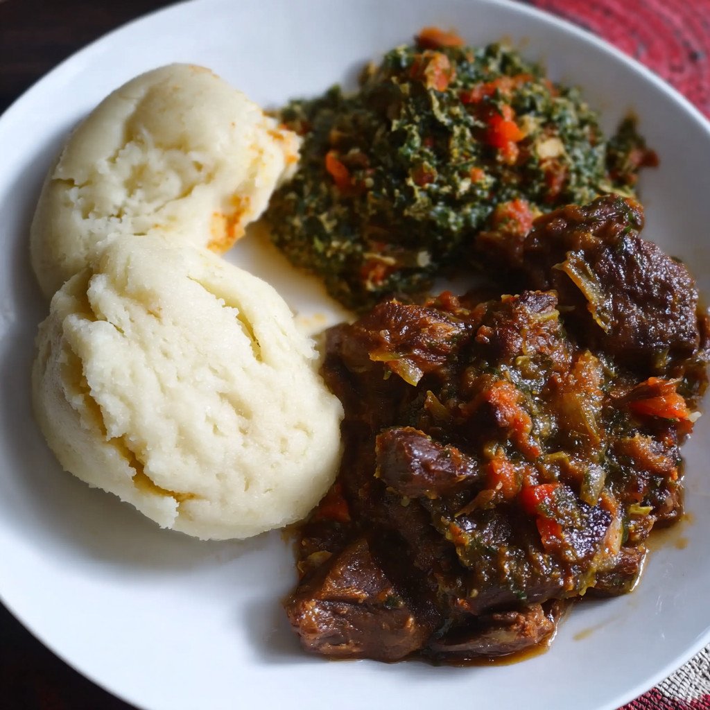 Sadza with relishes and grilled meat