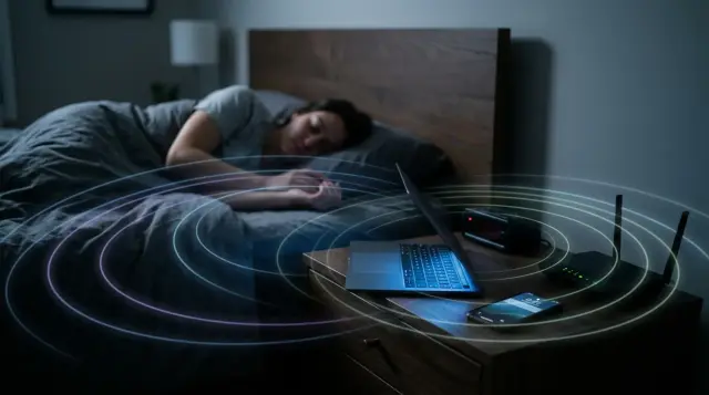 Dark bedroom with glowing electronic devices emitting subtle EMF waves near sleeping person