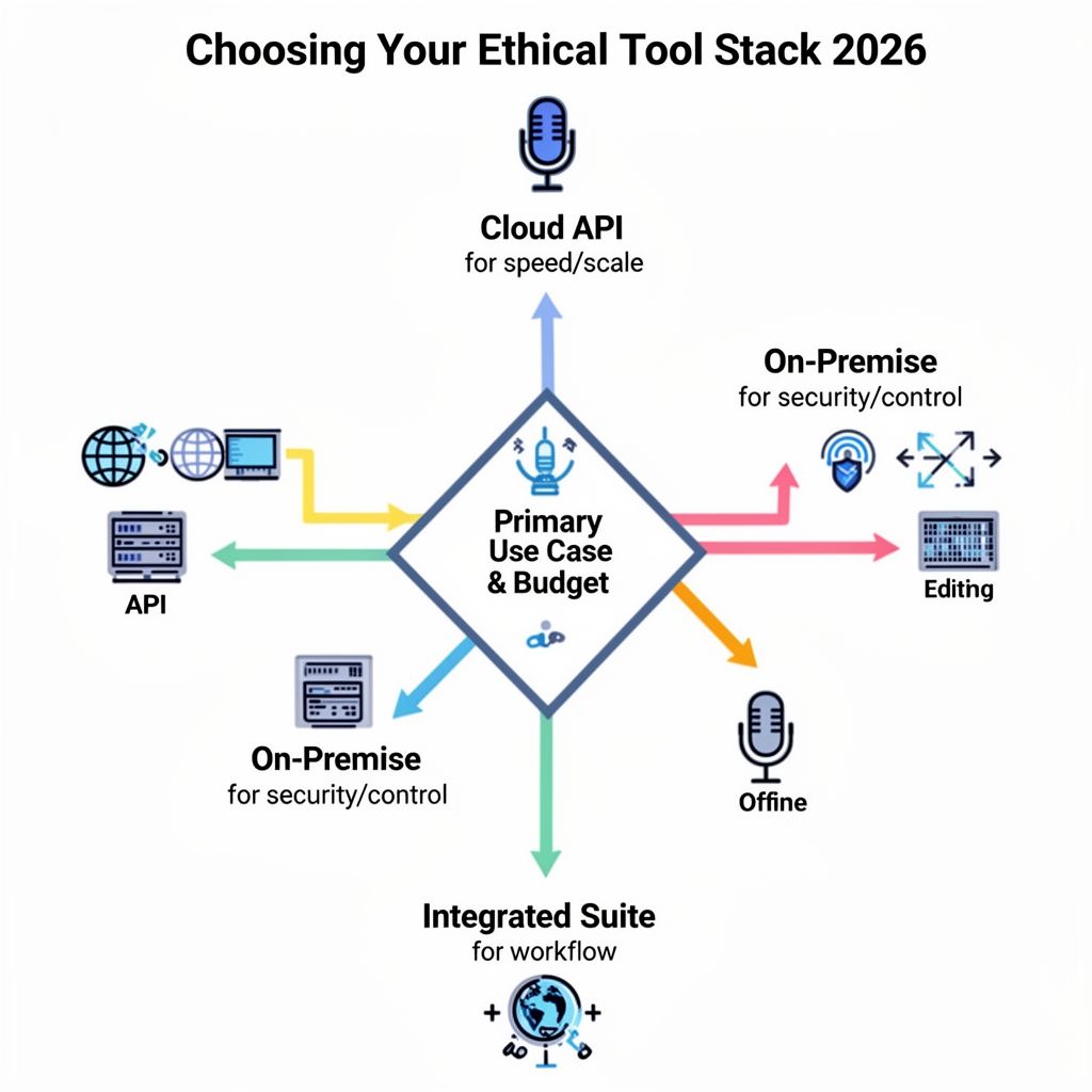 Flowchart diagram for choosing an ethical AI voice cloning tool stack in 2026
