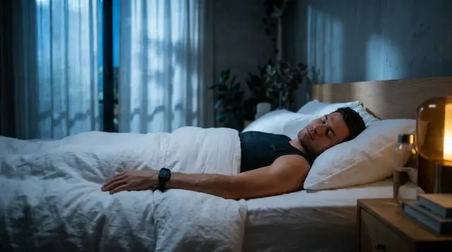 Athlete sleeping peacefully in moonlit bedroom wearing fitness tracker, serene recovery mood