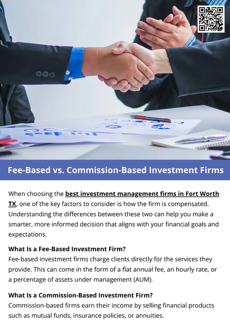 Fee-based and commission-based investment firms offer different advantages, but transparency is key. Understanding how best investment management firms in Fort Worth TX is paid ensures you can choose a financial partner who aligns with your goals and operates with your best interests in mind. To know more visit here https://www.alignedwealthadv.com/