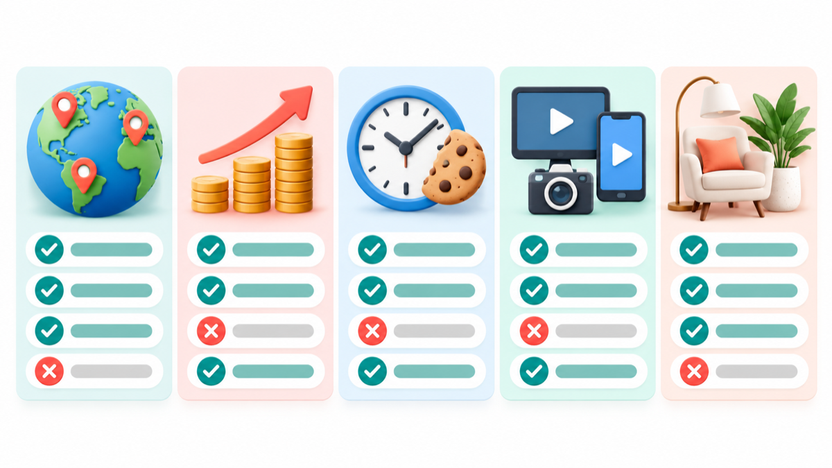 Five visual checkpoints for checking decor program region, rate, cookie, fit, and exclusions