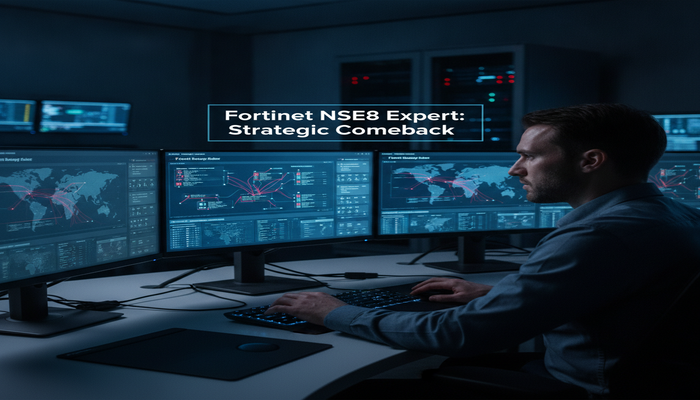 Fortinet NSE8 Expert: Strategic Comeback A determined cybersecurity expert focused on multiple glowing screens displaying complex Fortinet Security Fabric data and threat analysis in a modern SOC, with the title 'Fortinet NSE8 Expert: Strategic Comeback' prominently displayed.