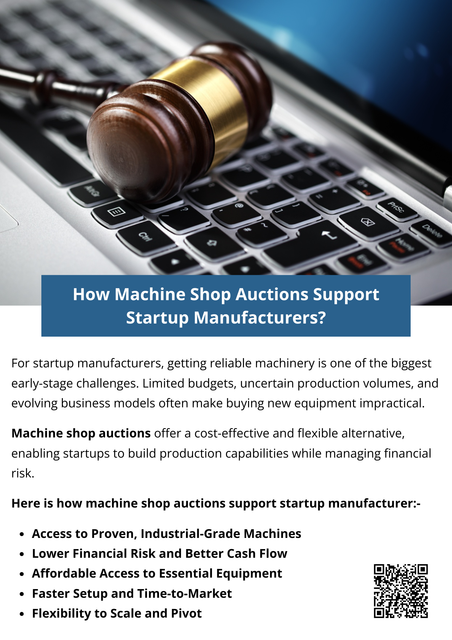 Machine shop auctions provide startup manufacturers with affordable access to quality equipment, faster market entry, and operational flexibility. By lowering financial risk and supporting sustainable growth, auctions empower startups to build scalable manufacturing operations without overextending capital. To know more visit here https://www.auctionmasters.com/industries/metal-fabricating-machine-shop