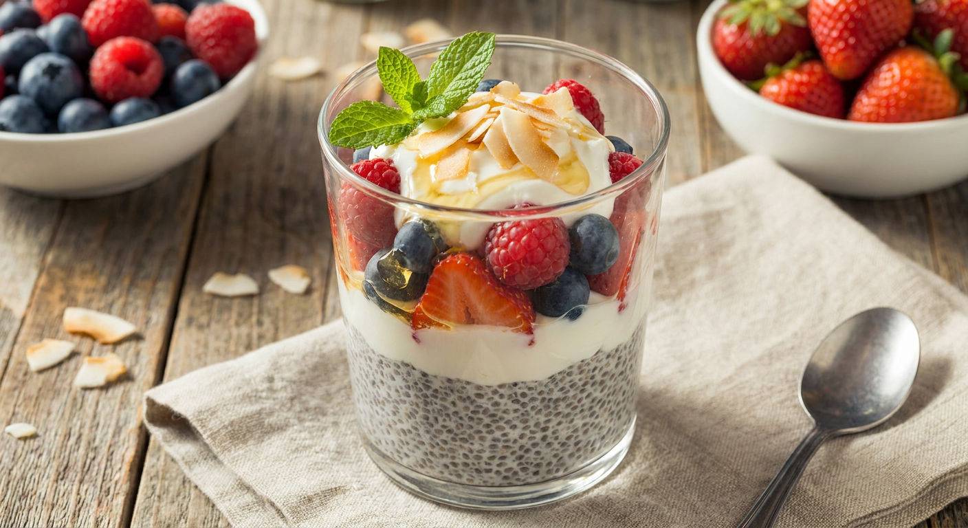 Zdrowy pudding chia z jagodami i jogurtem.