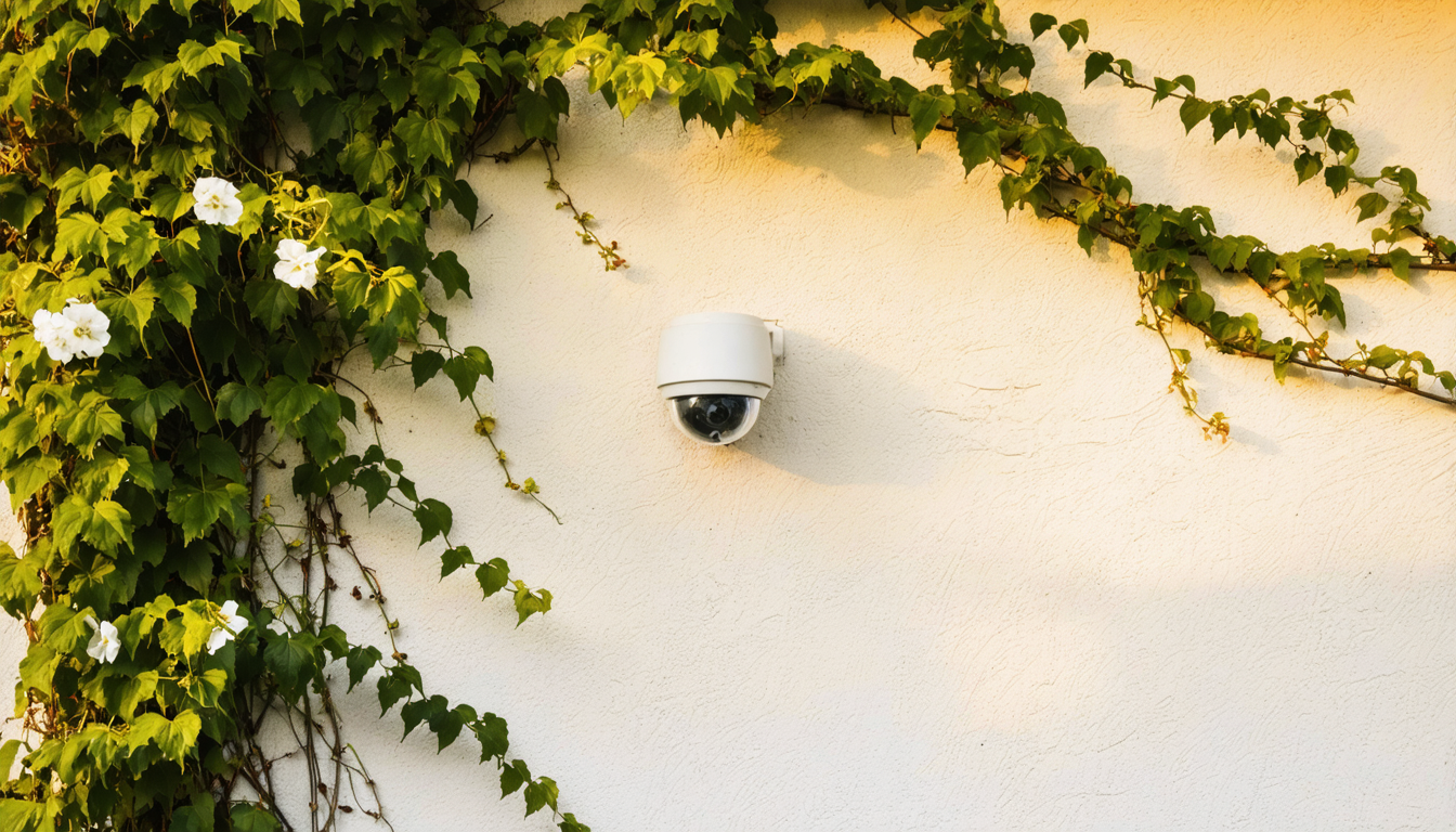A single surveillance camera mounted on a residential wall, partially covered by climbing vines, in soft golden light.