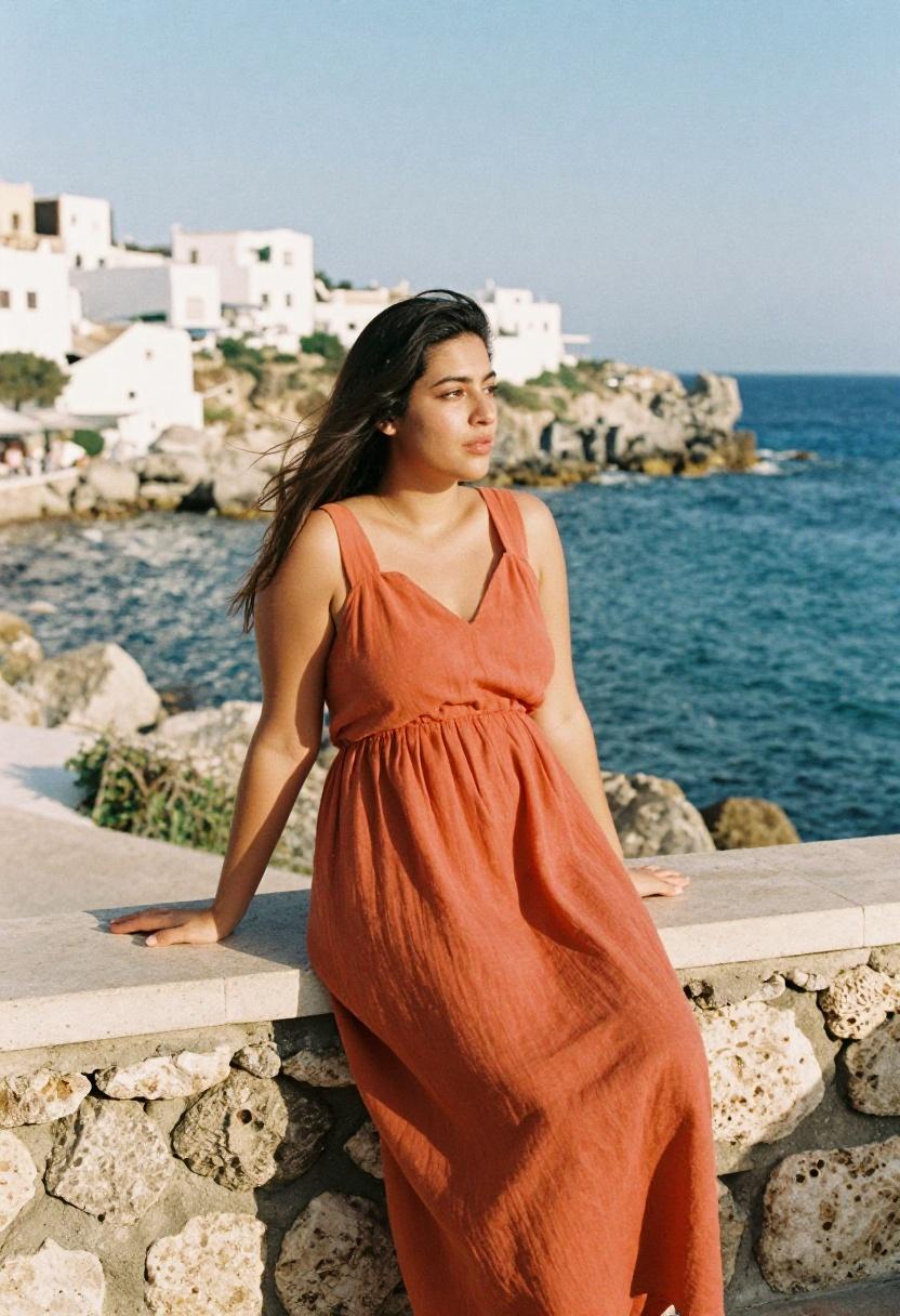 Burnt orange linen maxi dress against a coastal cliffside backdrop for a chic fall look