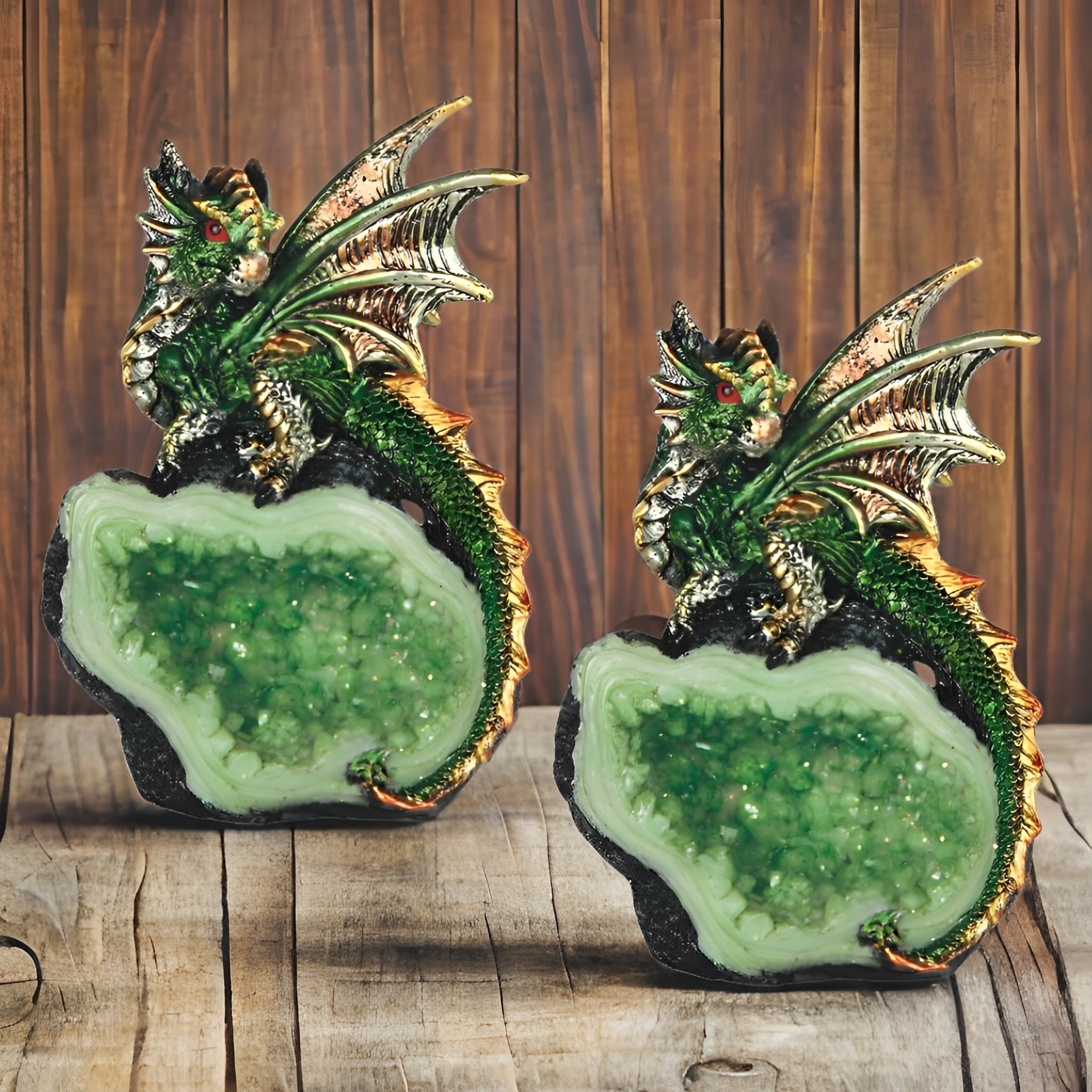 2-PC Gift Set 4″H Green Dragon on Green Faux Crystal Stone Figurine Ornament