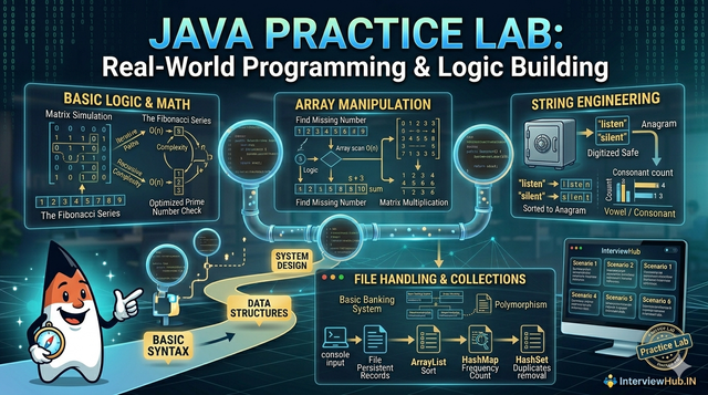 Java practice programs by InterviewHub featuring real-world coding exercises, arrays, strings, OOP concepts, file handling, collections framework, and Java logic building projects.