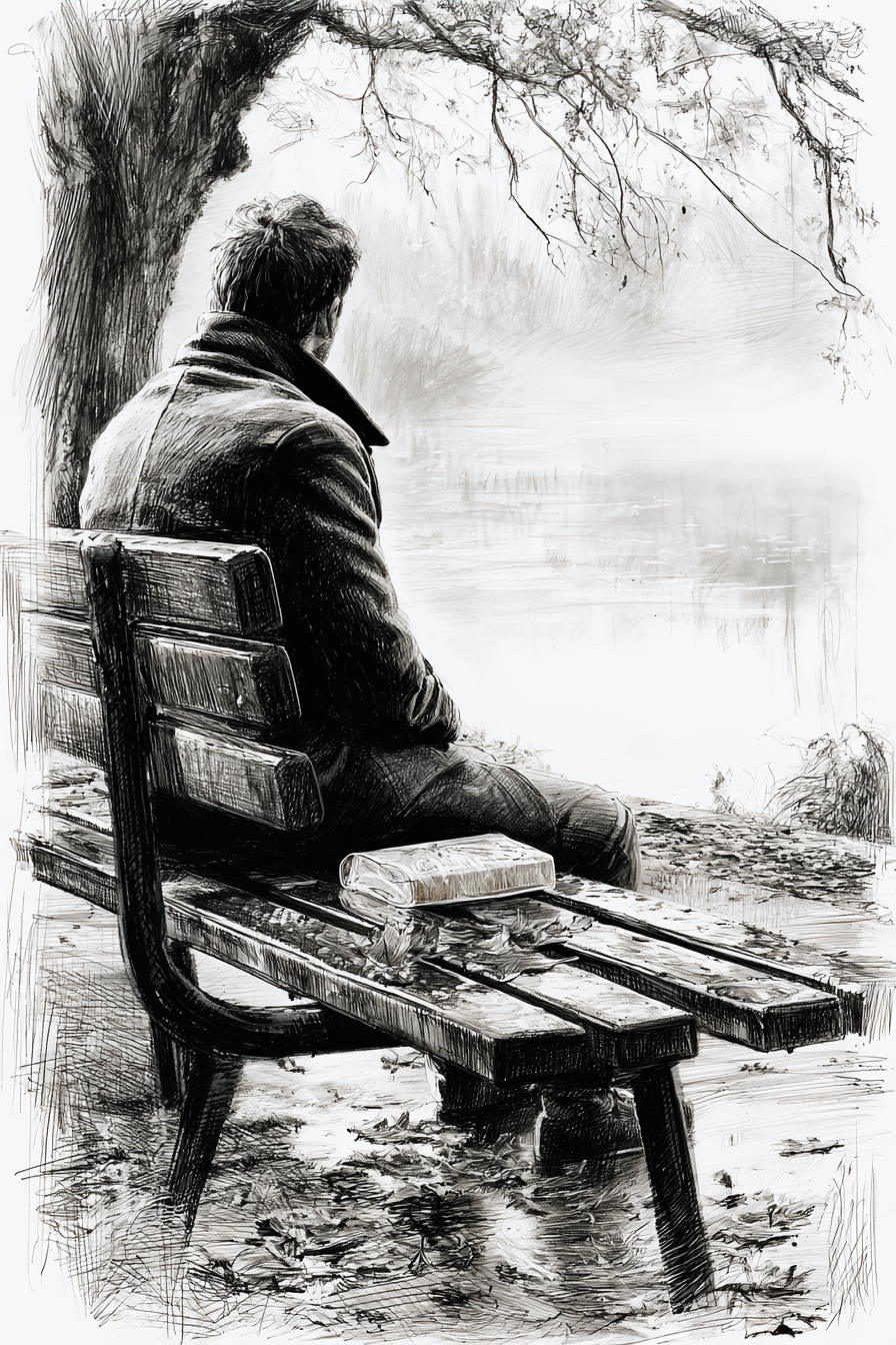 Dessin original — le livre posé sur le banc, le passeur