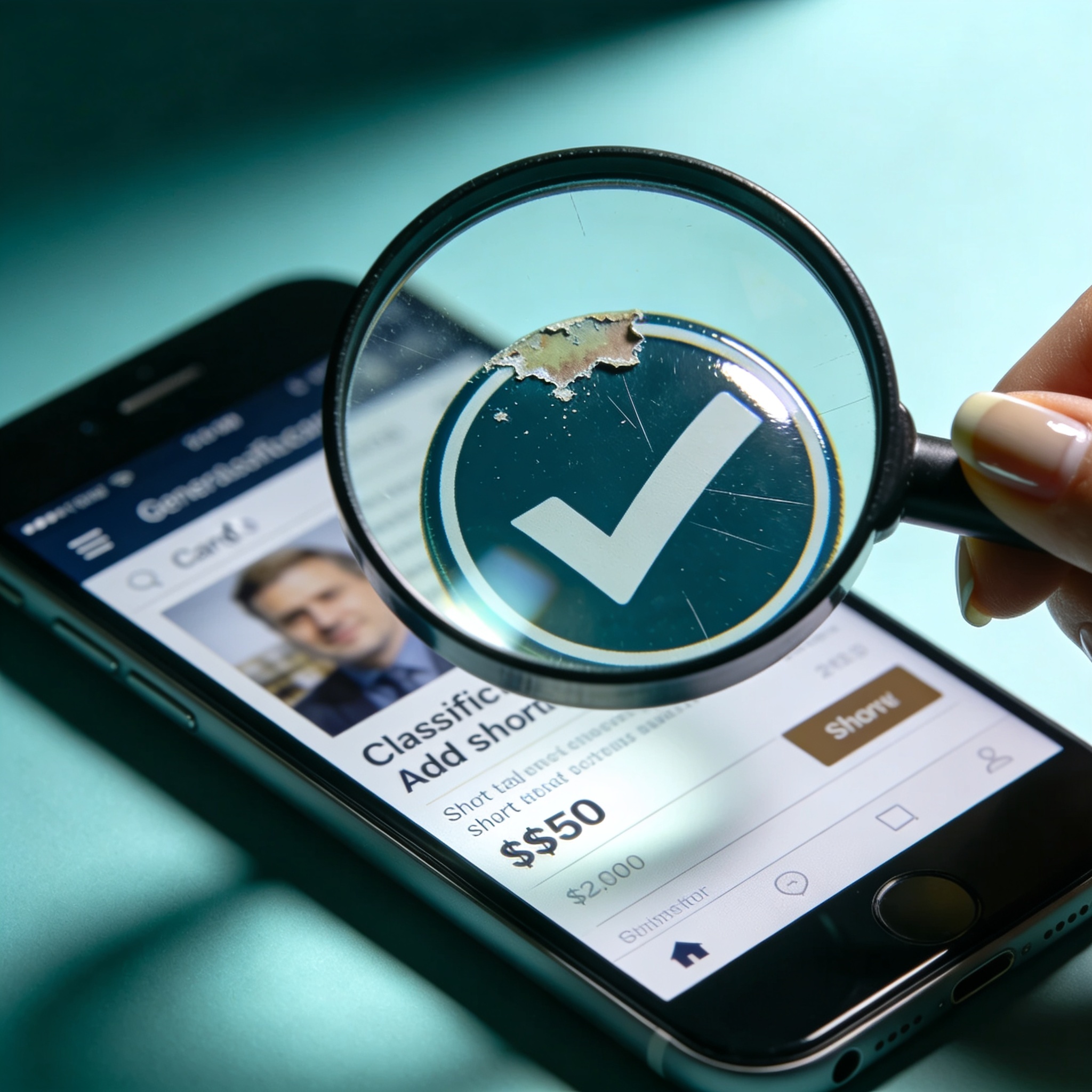 Close-up magnifying glass reveals a peeling verified badge on a smartphone classified listing.