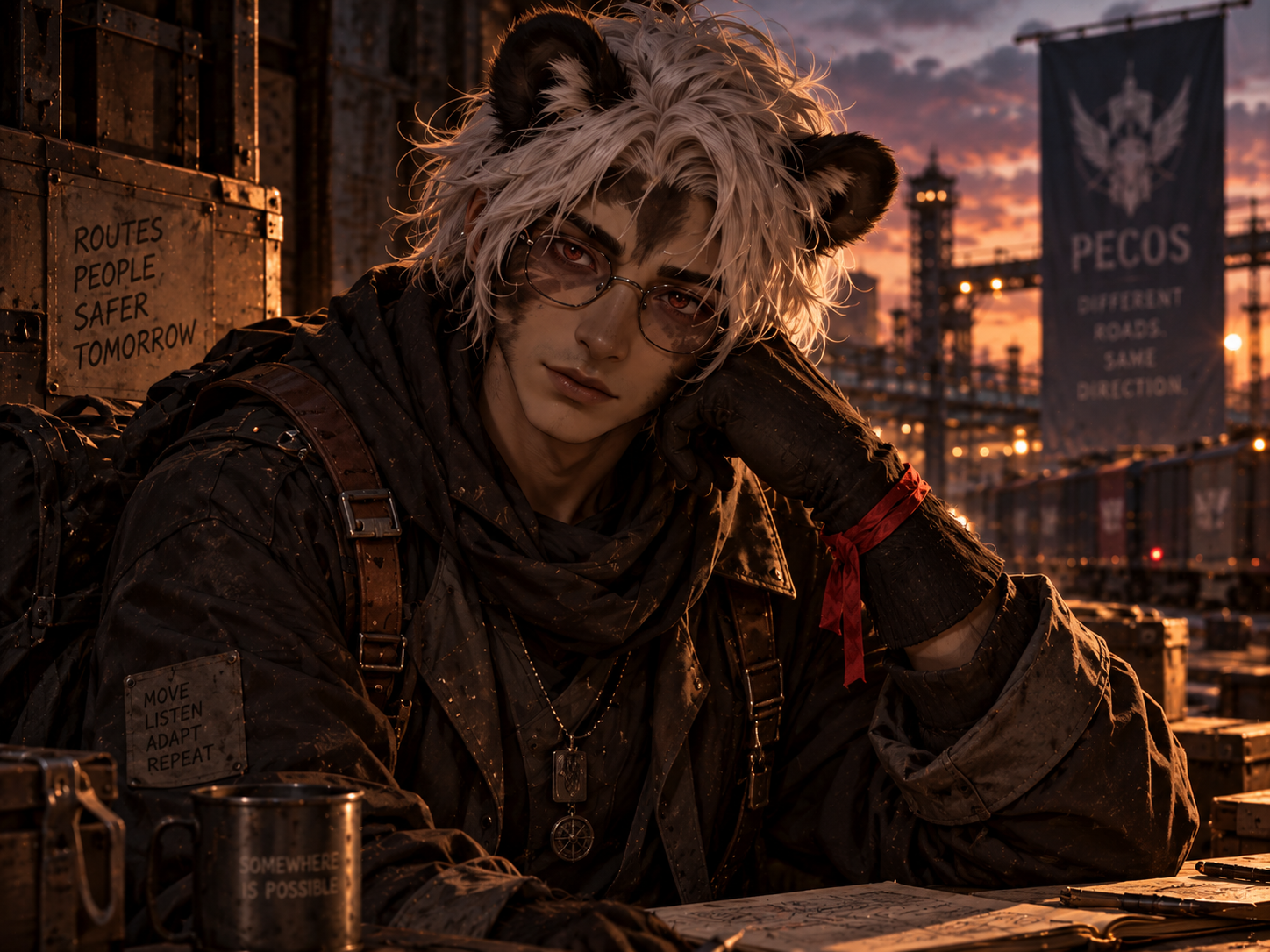 Marlow Venn, a young white-haired red-eyed spectacled bear demi-human wearing glasses and a red ribbon tied around his wrist