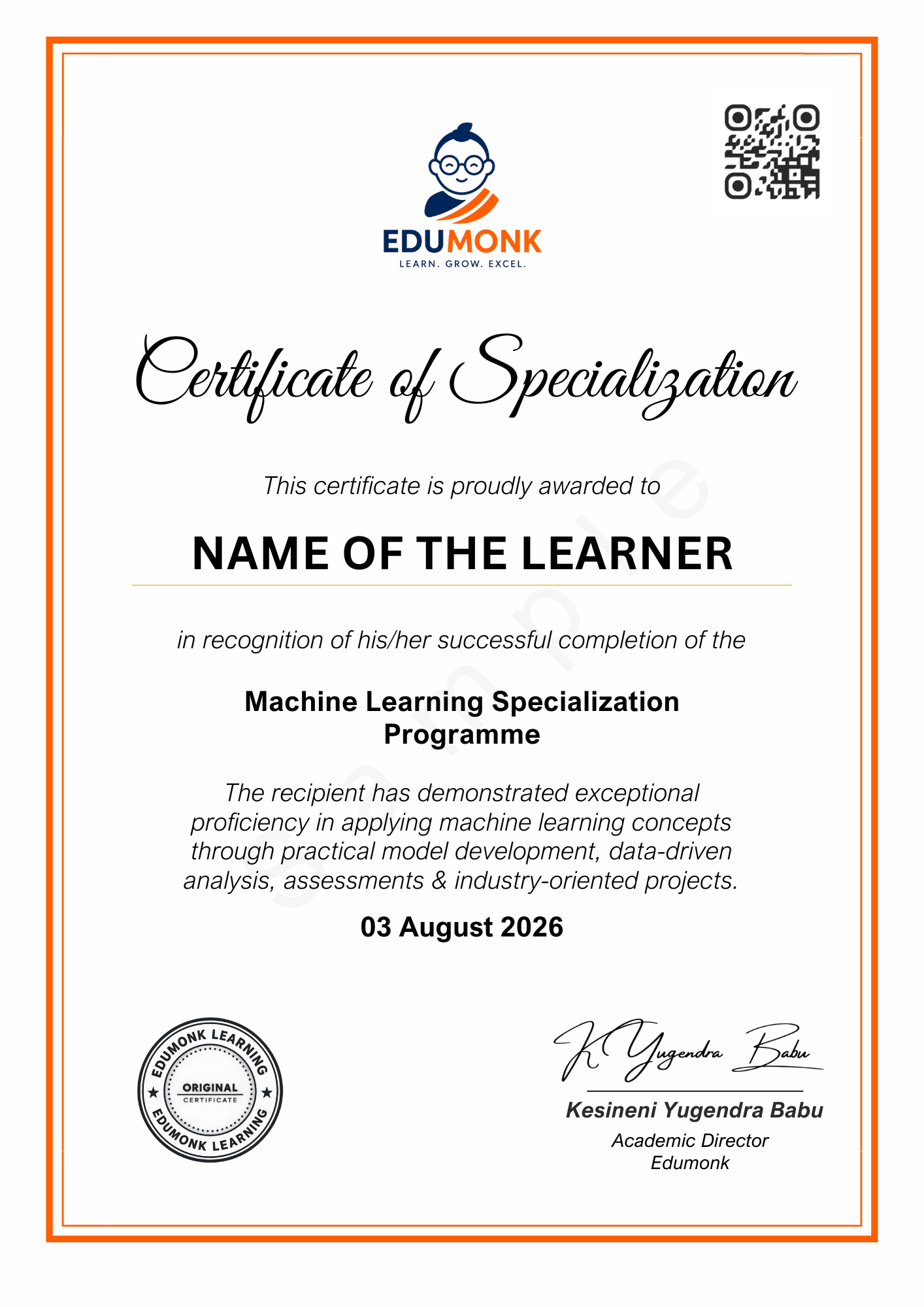 Sample Machine Learning Certificate of Specialisation by EduMonk Sample EduMonk Machine Learning Certificate of Specialisation showing the programme credential layout