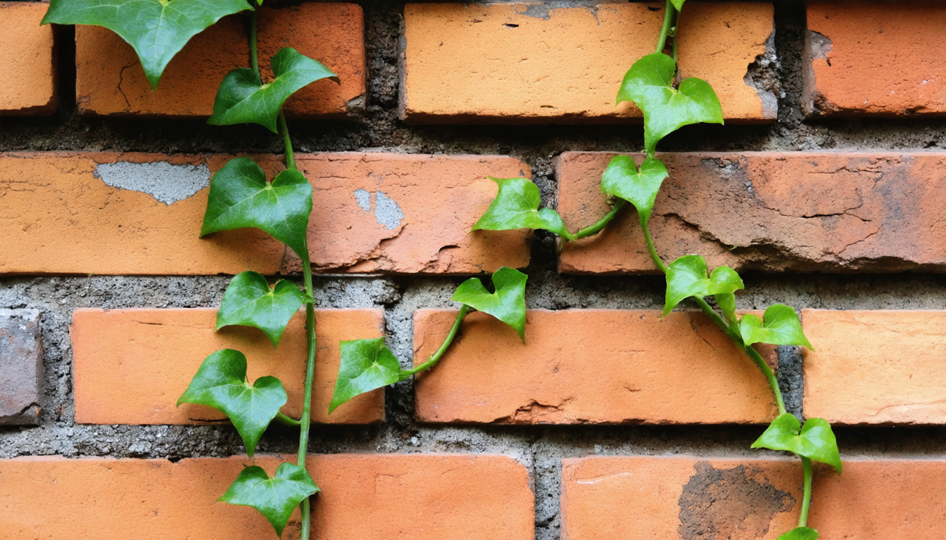 Close-up of green ivy tendrils gripping aged red brickwork, soft overcast light.