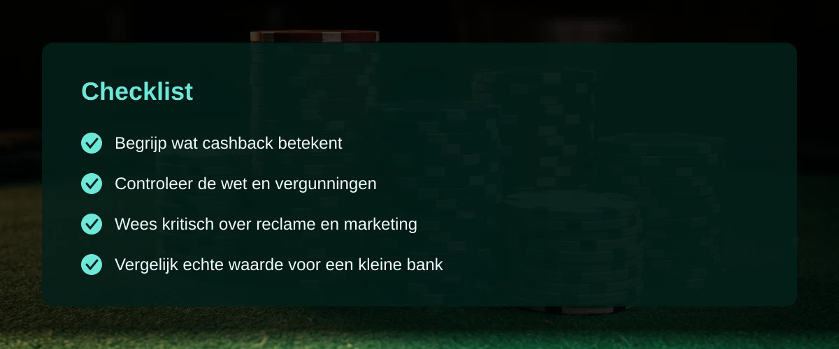 Beoordeel cashback bonus in online casino's — Checklist