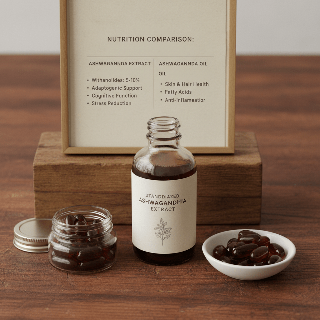 Supplement capsules and herb extract bottle on a wooden table