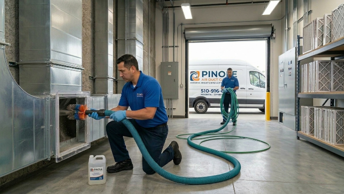 Professional HVAC technician performing air duct inspection in Pinole CA