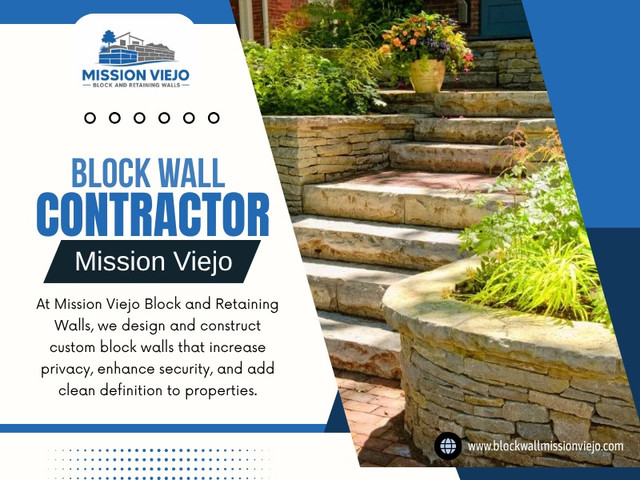 Retaining walls and block walls often work together, although they serve different purposes. A professional Block wall contractor Mission Viejo can help homeowners improve privacy, security, and property definition while complementing the structural benefits of retaining walls.

Mission Viejo Block and Retaining Walls

Address: 25212 Marguerite Pkwy, #235, Mission Viejo, CA 92692 USA
Phone: +16572393063
Find Us On Google Maps: https://maps.app.goo.gl/Ga2KSgKaBtrRgvzSA

Read Our Blogs:
https://blockwallmissionviejo.weebly.com/
https://blockwallmissionviejo.jimdofree.com
https://blockwallmissionviejo.medium.com/

More Links:
https://linktr.ee/blockwallmissionviejo
https://www.buzzfeed.com/blockwallmissionviejo
https://disqus.com/by/blockwallmissionviejo/about/