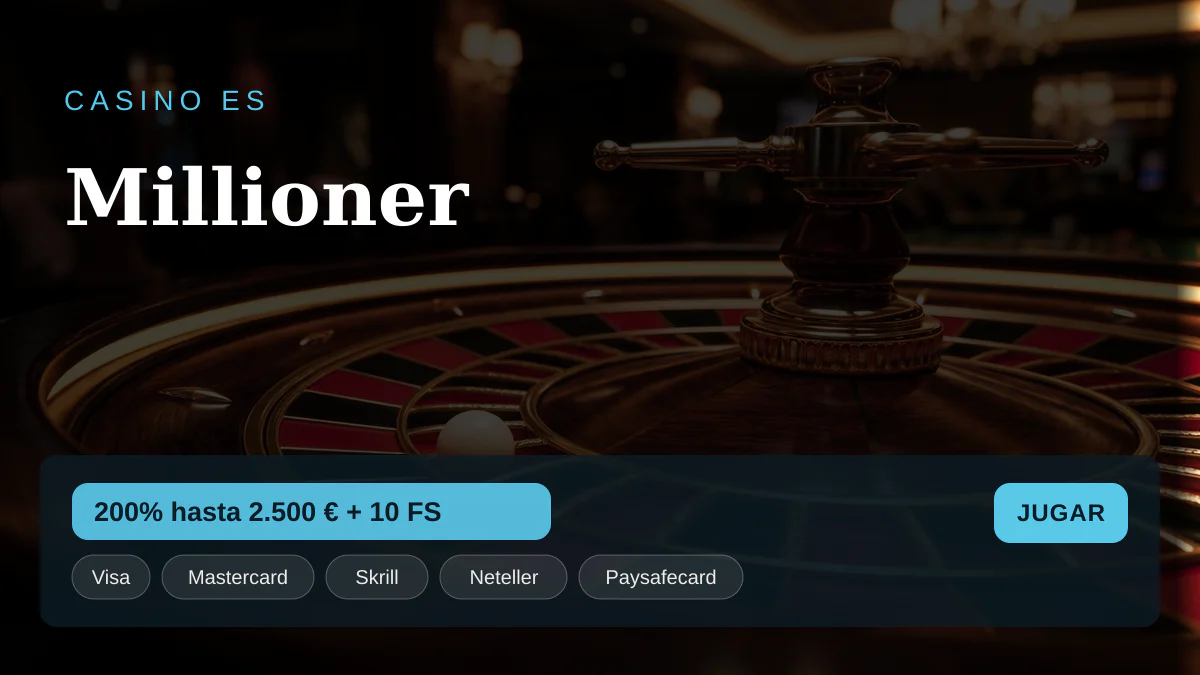 Millioner casino — bono de bienvenida 200% hasta 2.500 € + 10 FS, pagos: Visa, Mastercard, Skrill, Neteller, Paysafecard