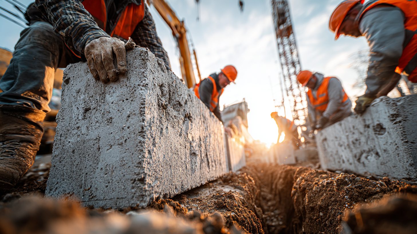 Монтаж блоков ФБС в траншее для фундамента