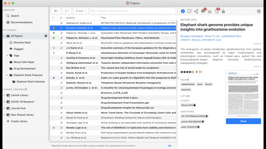 ReadCube Papers Mac — research library showing references, PDF reader and annotations