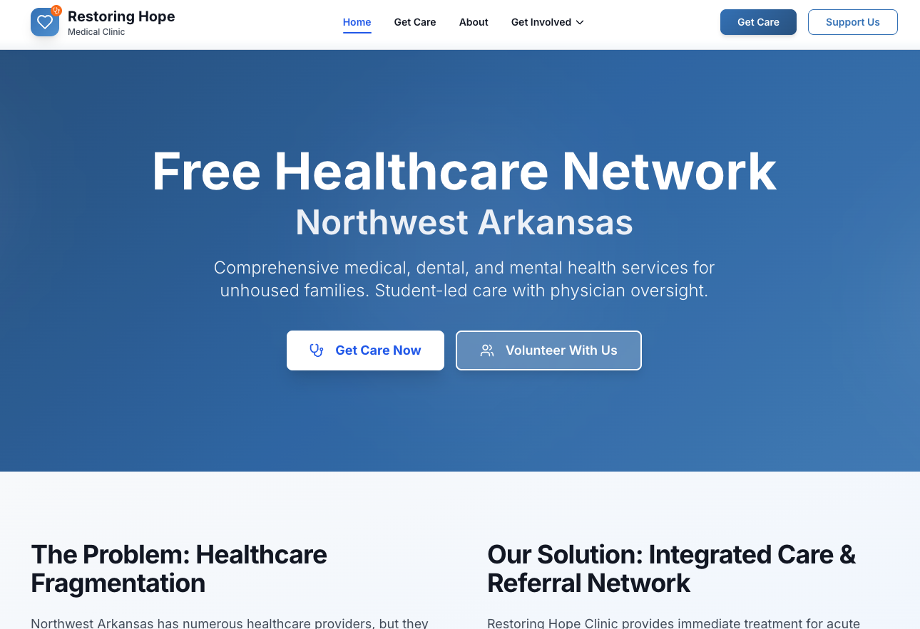 Restoring Hope Clinic homepage screenshot showing services and header image
