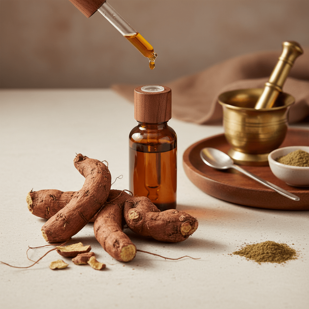 Ashwagandha root and oil dropper on a clean natural surface