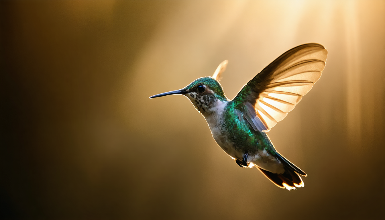 A hummingbird suspended in bright air, working harder than anyone watching would guess.