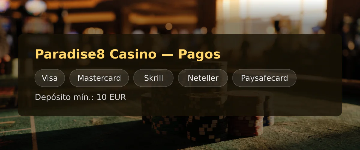 Paradise8 Casino — Pagos: Visa, Mastercard, Skrill, Neteller, Paysafecard Paradise8 Casino — Pagos: Visa, Mastercard, Skrill, Neteller, Paysafecard