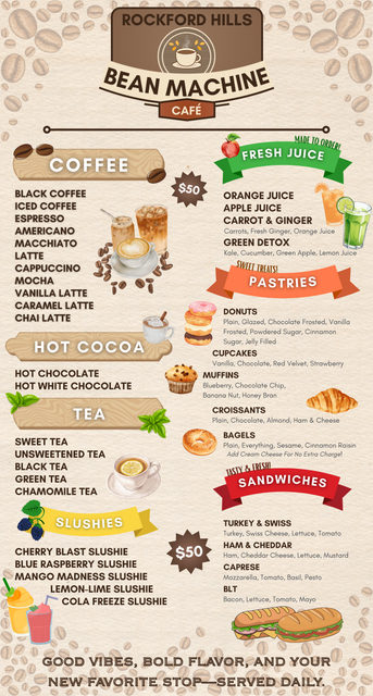 Rockford Hills Bean Machine Cafe Menu