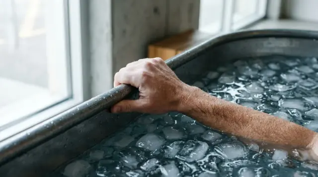 Hand gripping ice bath rim with goosebumps, floating ice chunks in cool morning light