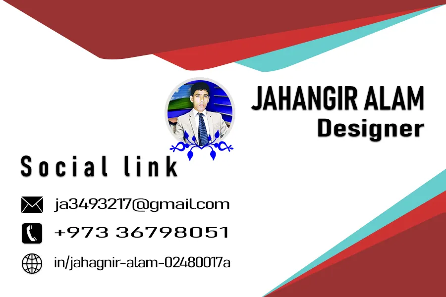 Jahangir Digital business card for Jahangir Alam displaying designer contact information, phone number, email, and social profile link.