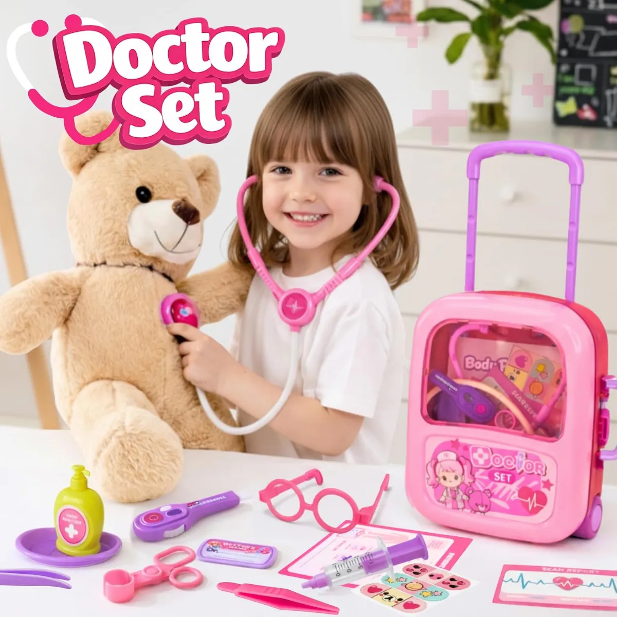 ids Premium Doctor Set Trolley, Pretend Play Doctor Set Trolley, Doctor Kit for Kids Above 3 Years, for Boys & Girls, with Interactive Instruments, Multicolor Bandage Stickers (Pink) - ToyMall Manjeri