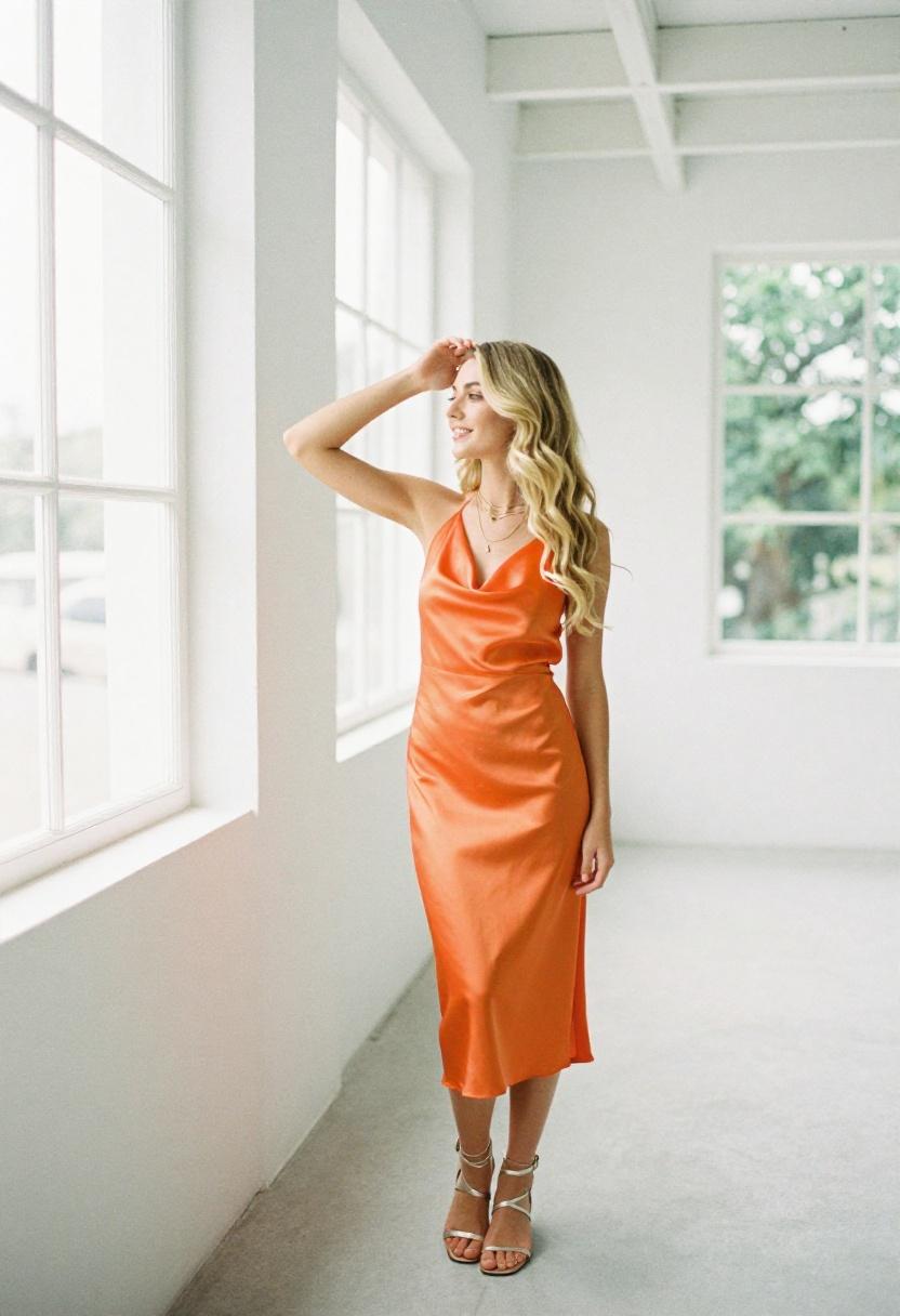 Tangerine orange cowl-neck halter midi dress in silky fabric for sultry R&B sophistication