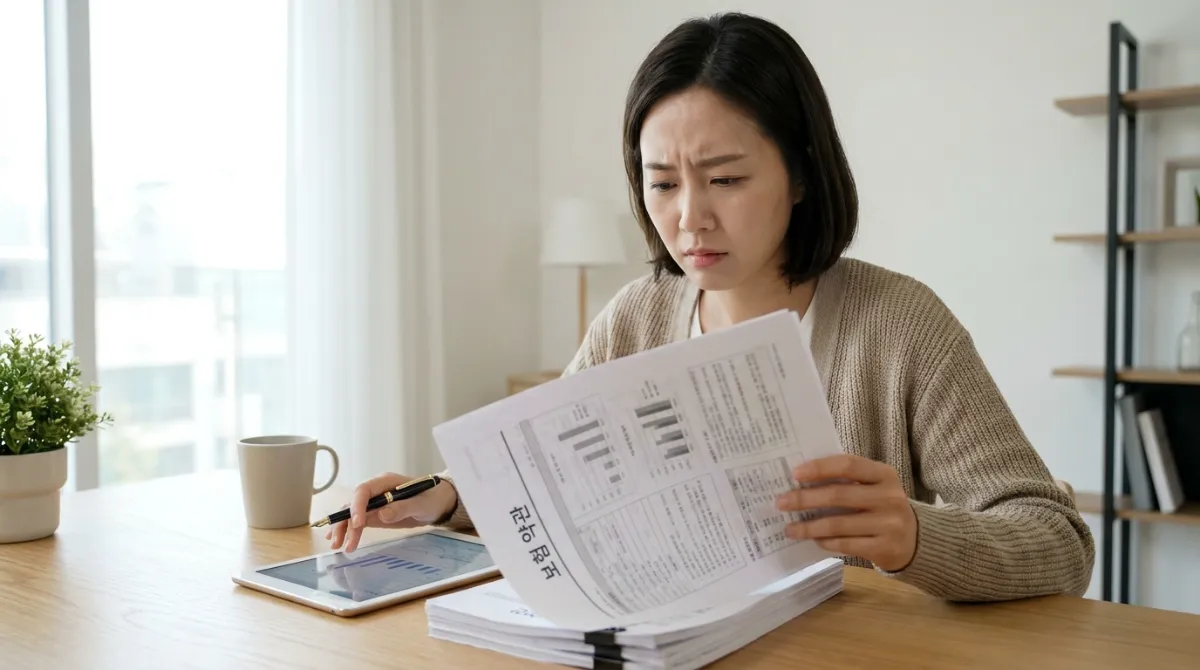 30대 한국인 여성이 복잡한 보험 서류를 읽으며 혼란스러운 표정을 짓는 모습, 현대적인 미니멀리스트 홈 오피스 배경