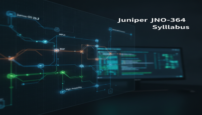 Juniper JN0-364: Syllabus Deep Dive A glowing, intricate digital blueprint of a large-scale service provider network with interconnected nodes and data flows. Key syllabus topics for the Juniper JN0-364 exam like MPLS, BGP, and High Availability are subtly highlighted, conveying a detailed and complex study path. A minimalist display showing Junos OS 25.2 commands is faintly visible in the background, set in a dark, high-tech environment with blue and green lighting. The text 'Juniper JN0-364 Syllabus' is prominently displayed in a clear area.