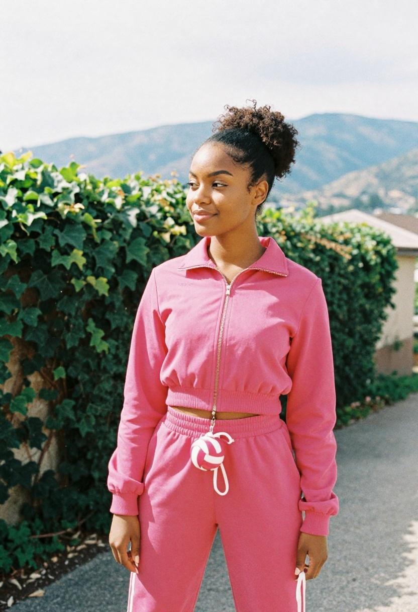 Magenta tracksuit with a volleyball charm bag for a playful promposal look