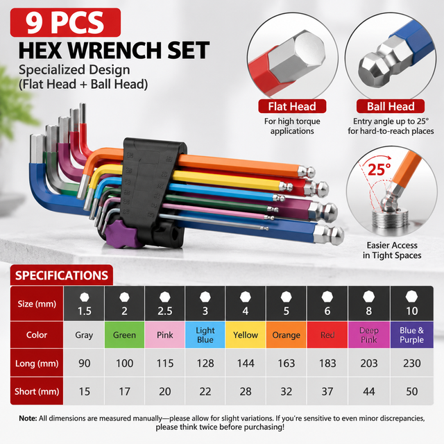 9PCS Metric Ball End Allen Key Set Hex Wrench Tool Kit