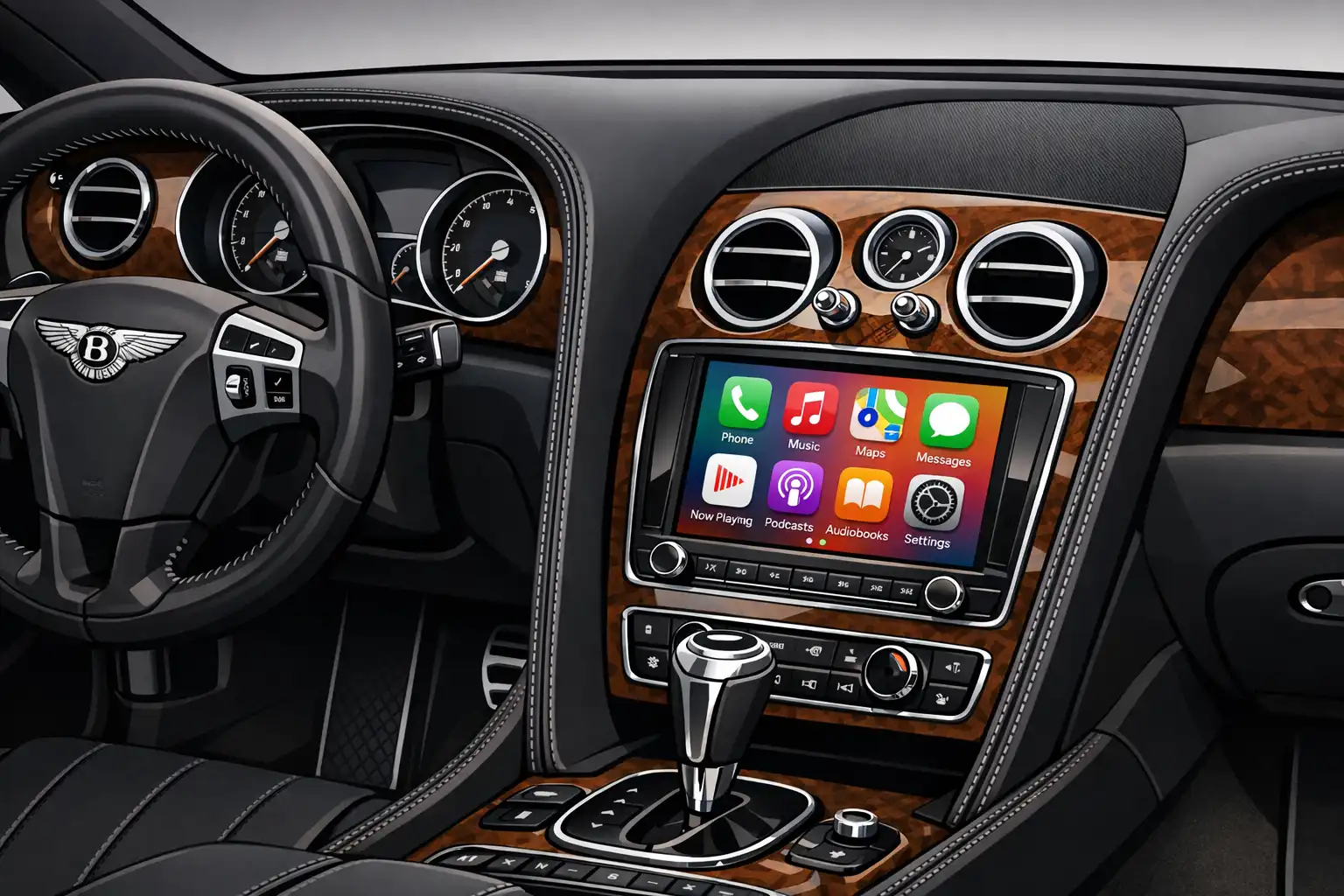 Intérieur Bentley Continental GT 2017 avec CarPlay actif sur l’écran d’origine