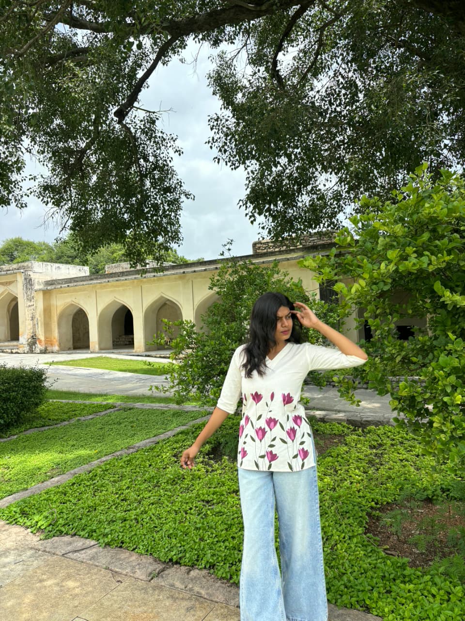 White Floral V-neck top