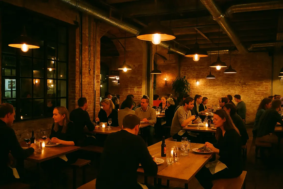 Stemningsfuldt restaurantmiljø i Kødbyen med mennesker ved bordene