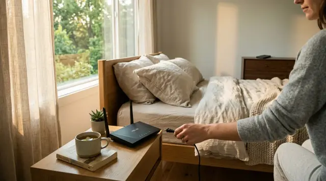 Hand unplugging WiFi router on nightstand in calm sunlit bedroom with distant devices