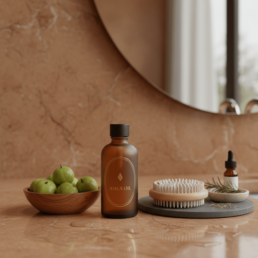 A polished wellness scene with amla oil and fresh Indian gooseberries on a bathroom counter