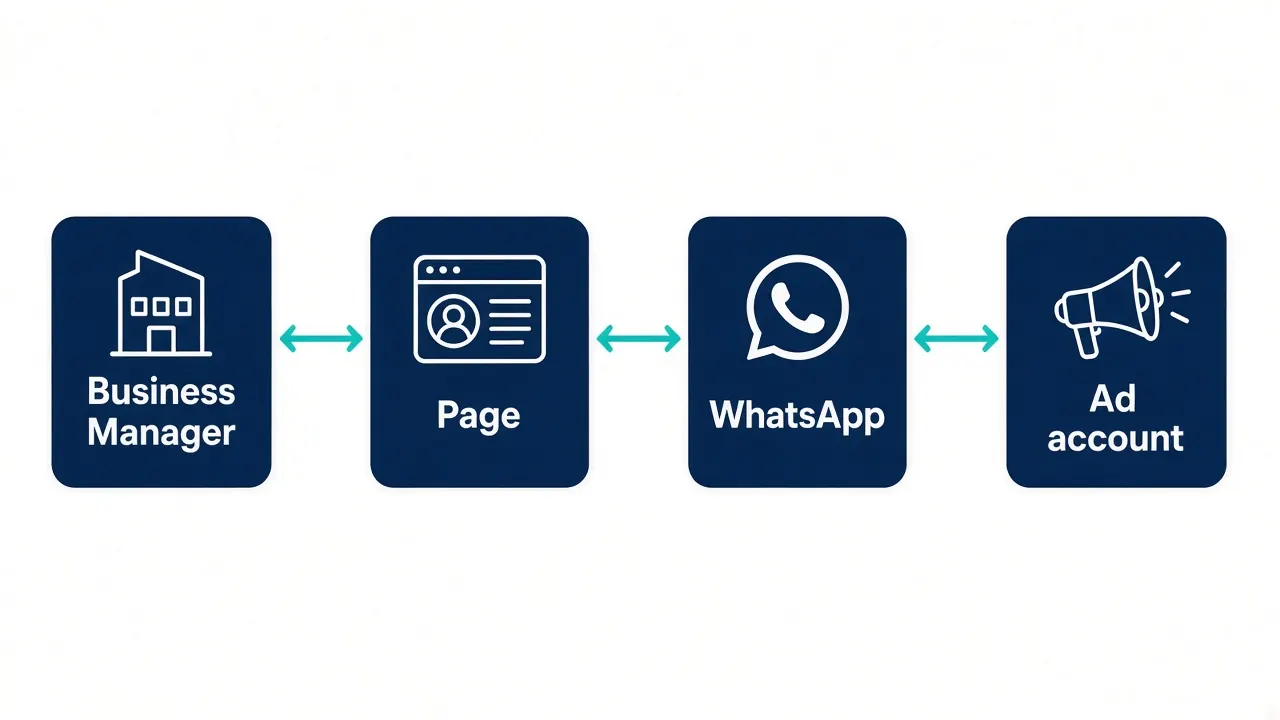 Diagram linking Meta Business Manager, Facebook Page, WhatsApp number, and ad account.